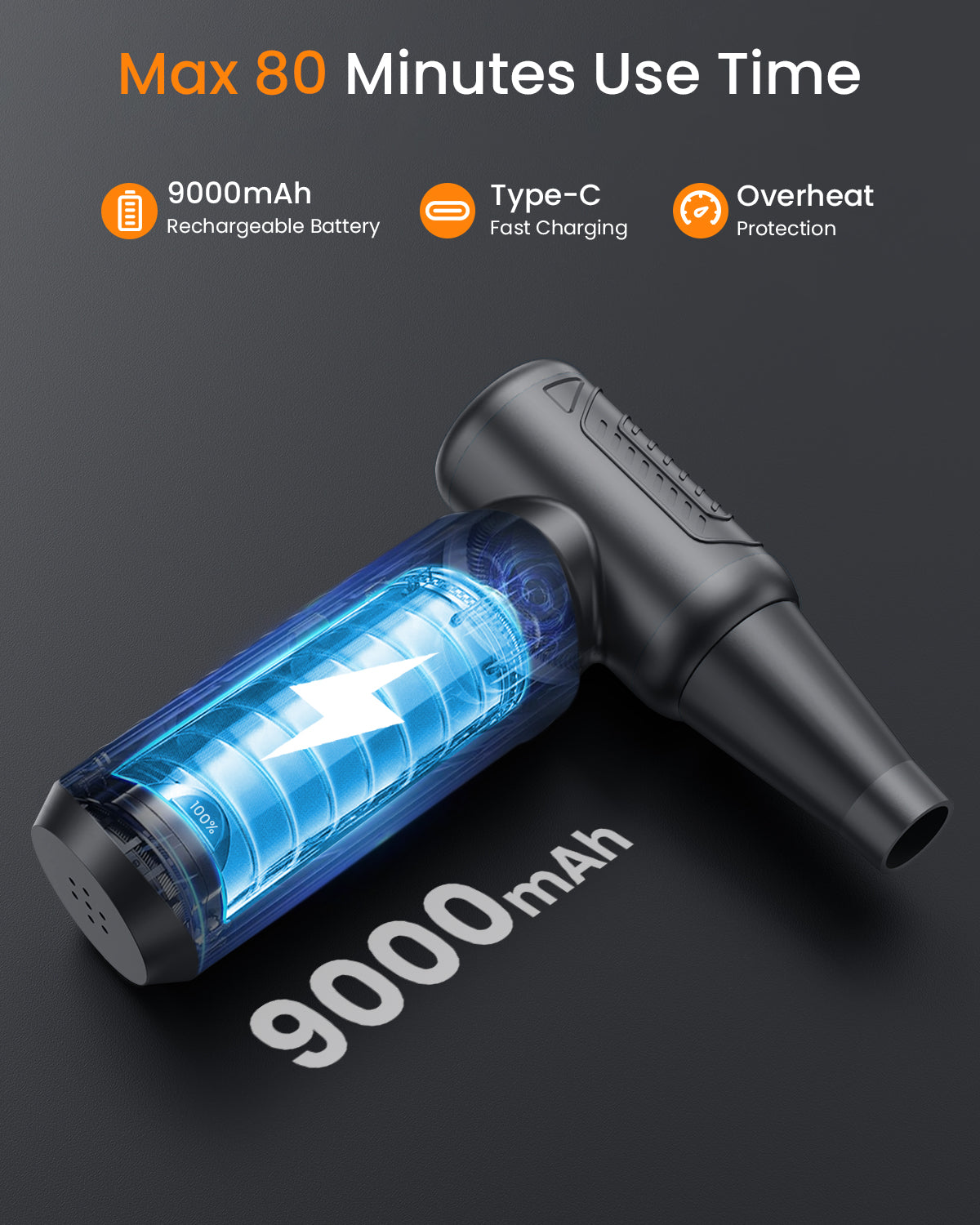 200,000 RPM Electric Compressed Air Duster, 3 Gear Adjustable, 9,000mAh, for Computer/Office/Home/Car