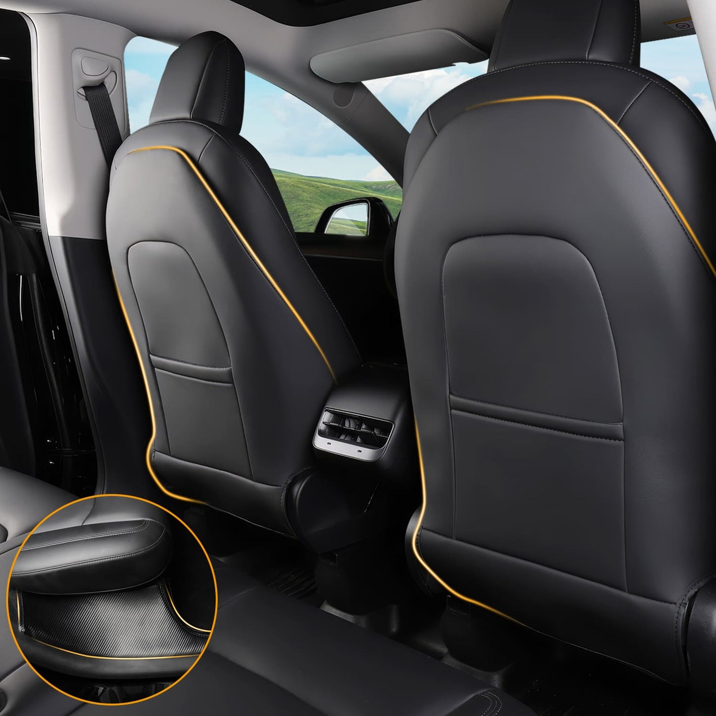 Tesla Model Y Leather Seat Back Protector, Kick Mats w/ Pocket, Waterproof Rear Door Sill, 2 Sets