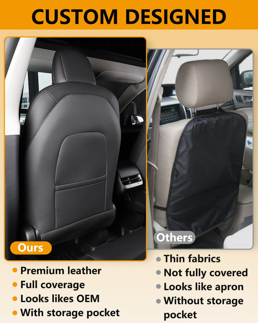 Tesla Model Y Leather Seat Back Protector, Kick Mats w/ Pocket, Waterproof Rear Door Sill, 2 Sets