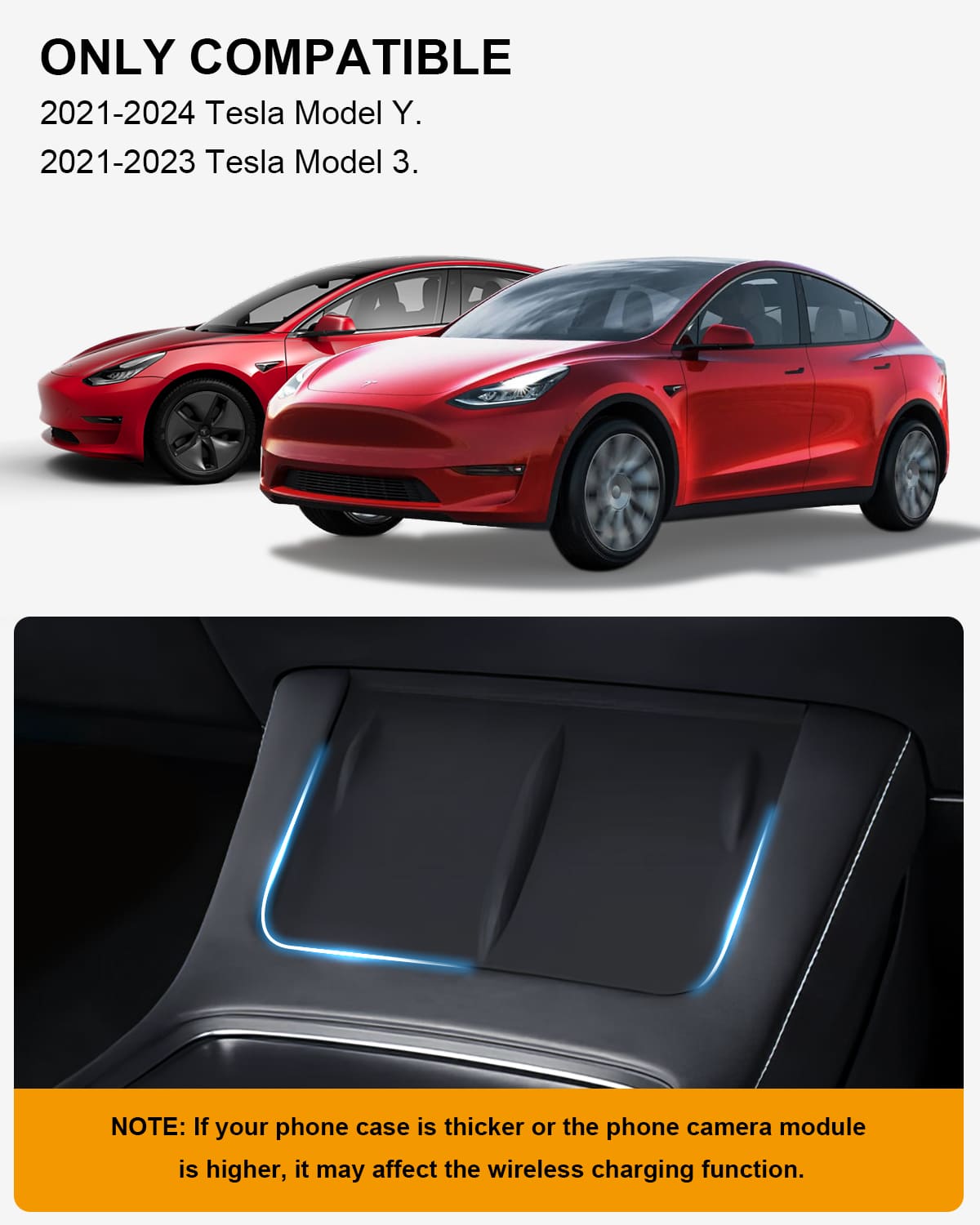 ANKKY Wireless Charger Mat for Tesla Model 3/Y 2016 - 2024, Center Console Anti-Slip Pad (Black)