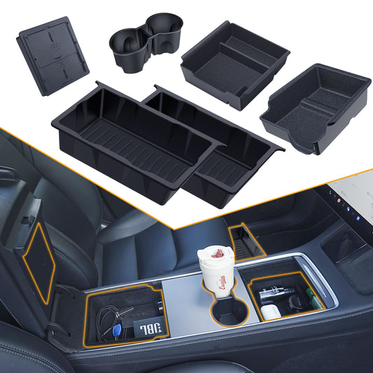 Tesla Model Y 2020-2024 7PCS Console Kit: Armrest, Hidden Box, Cup, Under Seat, Wireless Charger