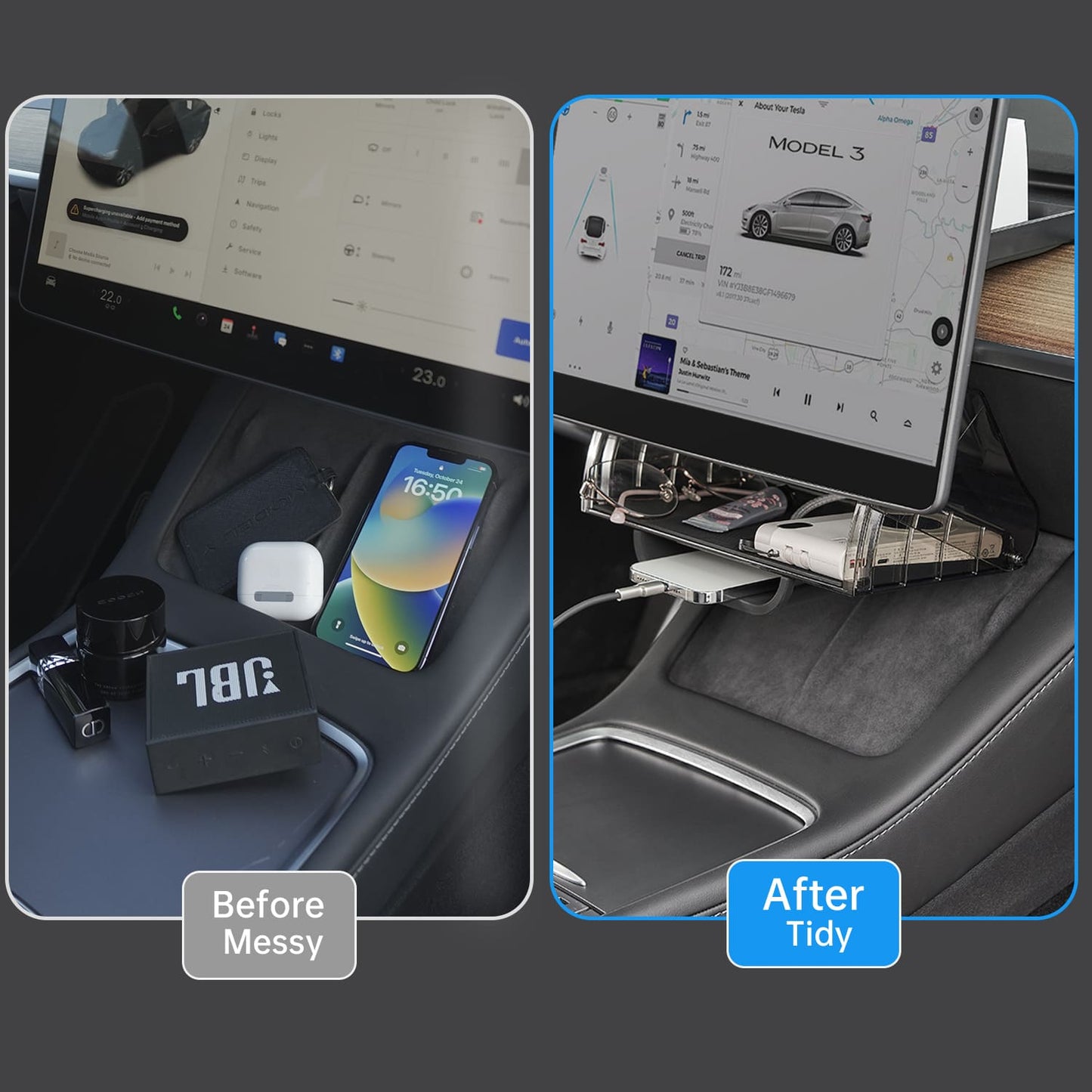 Tesla Model Y/3 Console Tray, Mag Under-Screen Box, Dash Tissue Holder, Easy Install