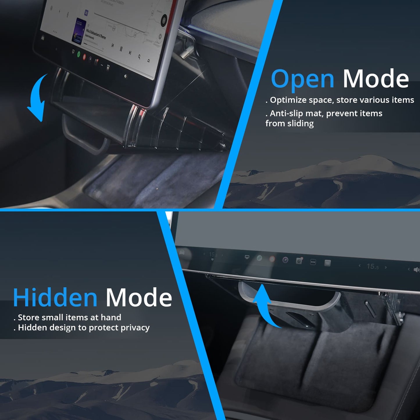 Tesla Model Y/3 Console Tray, Mag Under-Screen Box, Dash Tissue Holder, Easy Install