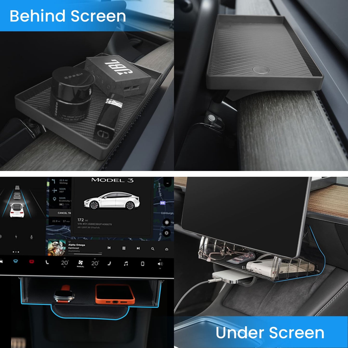 Tesla Model Y/3 Console Tray, Mag Under-Screen Box, Dash Tissue Holder, Easy Install