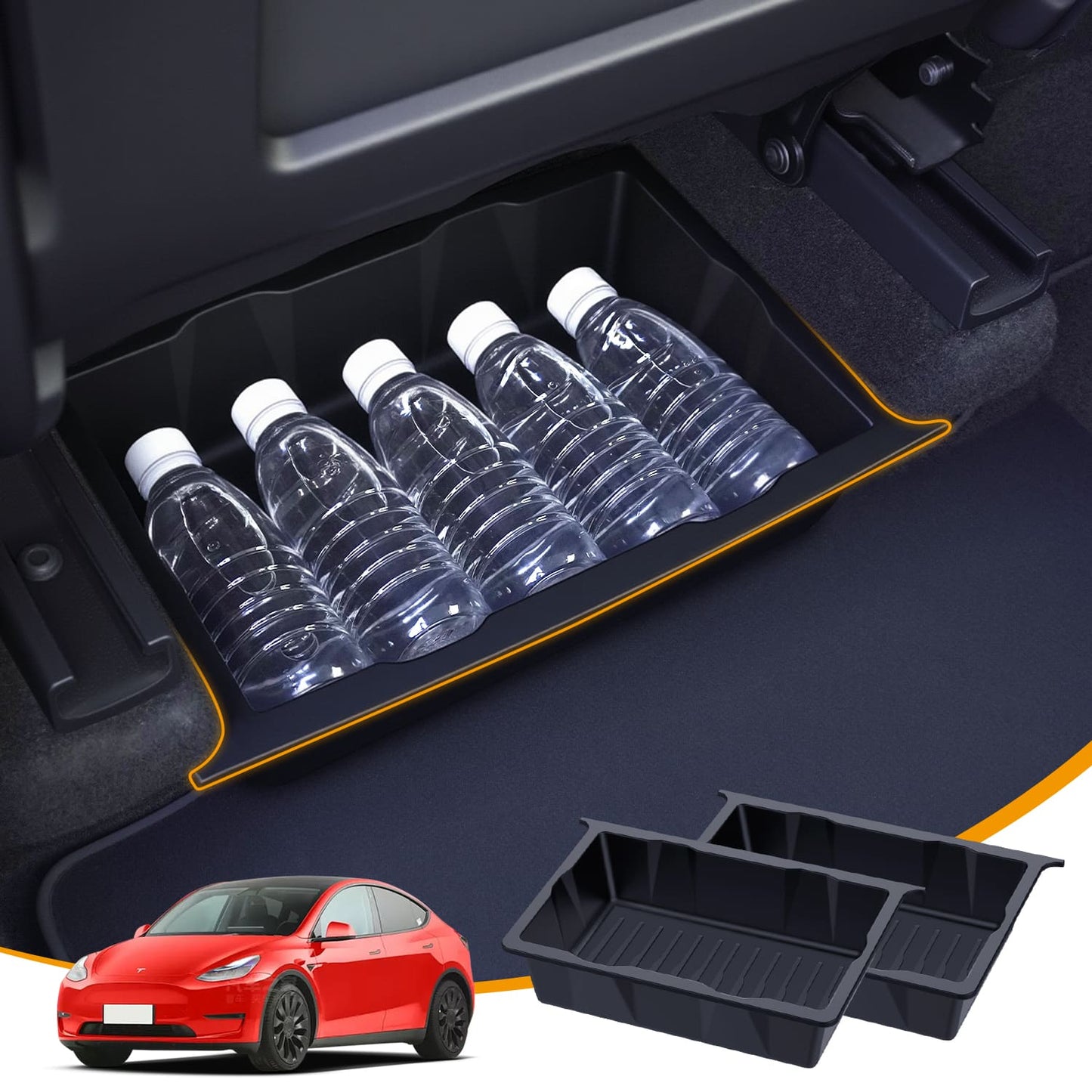 2PCS Tesla Model Y(2025-2020) Under Seat TPE Storage Box, Front/Back, Washable, Waterproof
