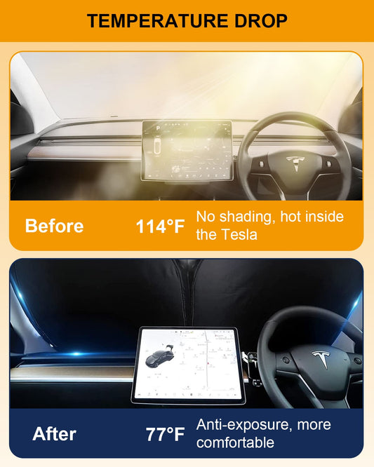 Tesla Model Y/3(2024-2016) Foldable Windshield Sunshade, Storage Bag, UV Block, Summer Accessory