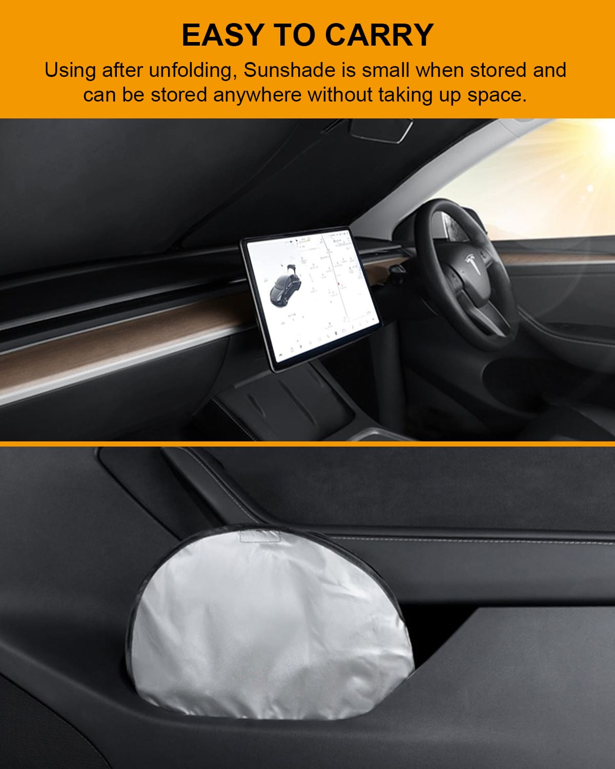 Tesla Model Y/3(2024-2016) Foldable Windshield Sunshade, Storage Bag, UV Block, Summer Accessory