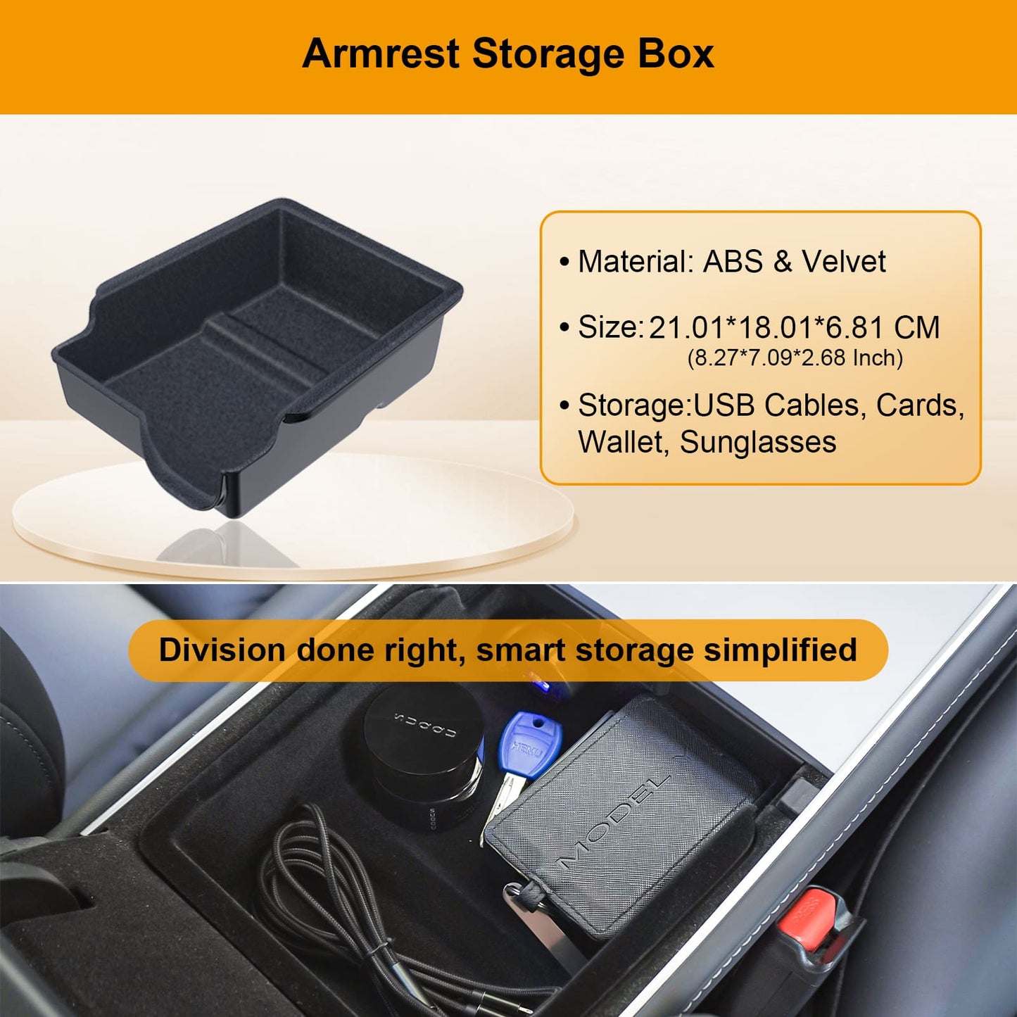 Tesla Model Y 2020-2024 5PCS Console Tray, Armrest/Hidden Storage, Cup Insert, Under Seat Box