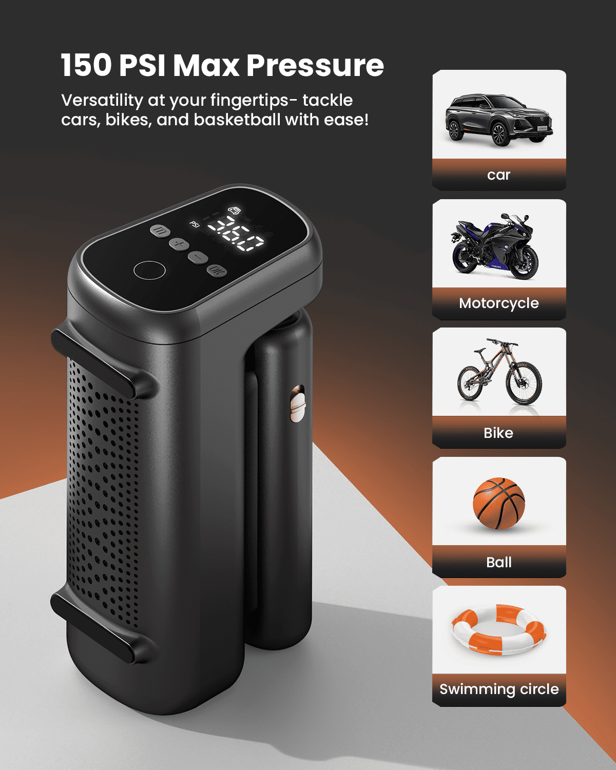 150PSI Tire Inflator, 7800mAh, Cordless, Fast Inflate, Gauge, for Vehicles/Ball