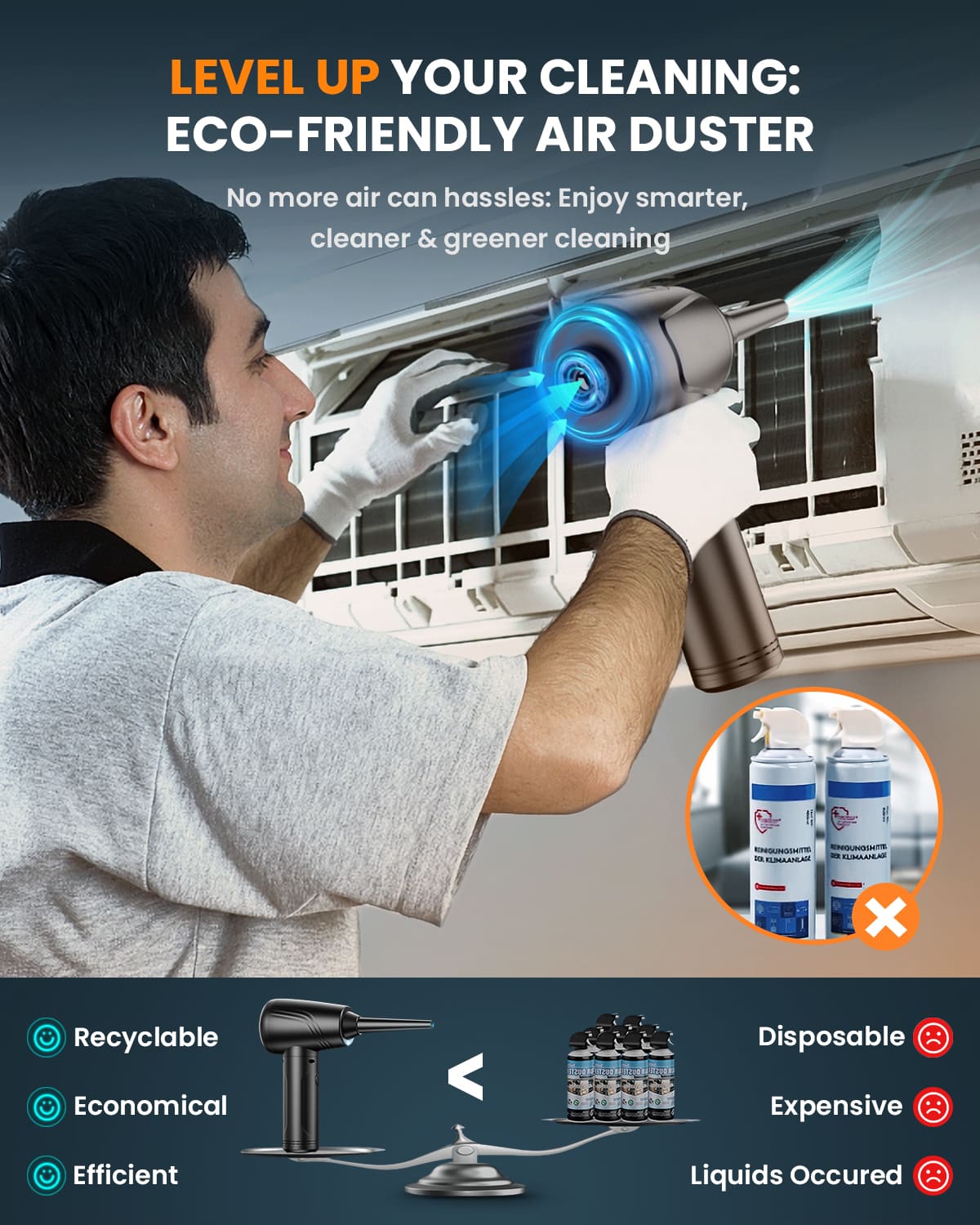 2-in-1 Electric Air Duster, Mini Vacuum, 3-Gear 120000 RPM, Reusable Keyboard Cleaner, 9000mAh, LED Light