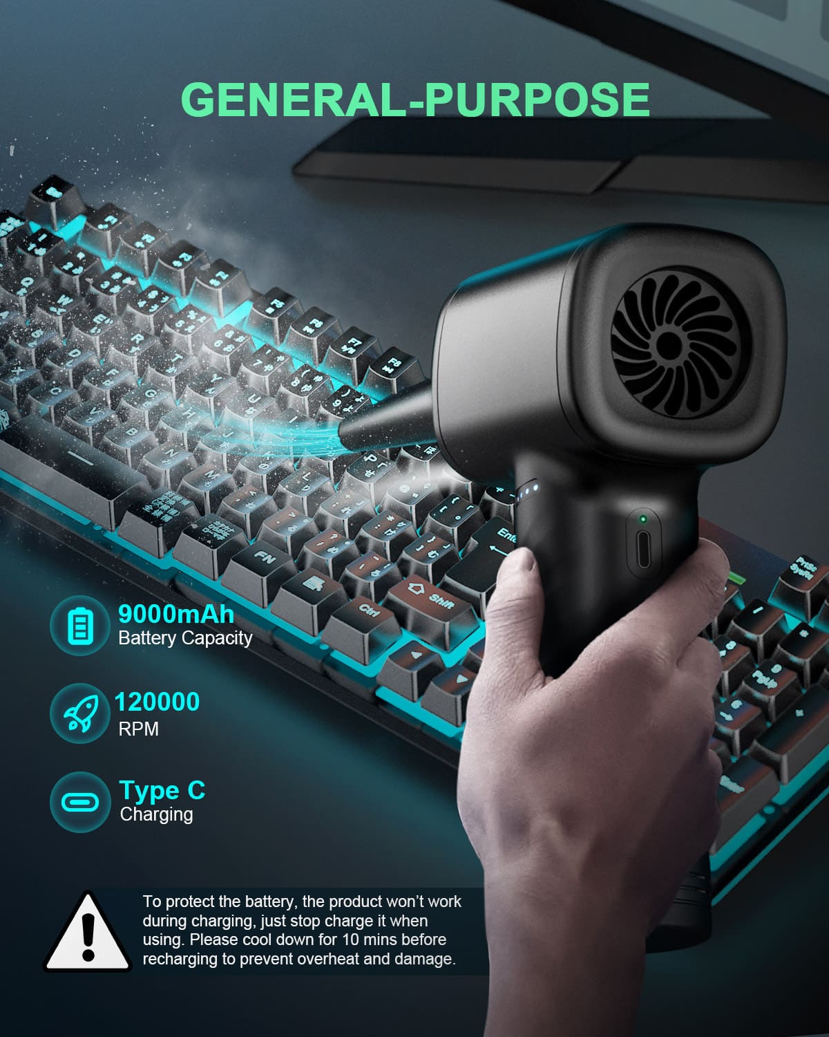11-in-1 Air Duster, 3-Gear 120000 RPM, LED, Reusable, 9000mAh Cordless, for Computer/Car