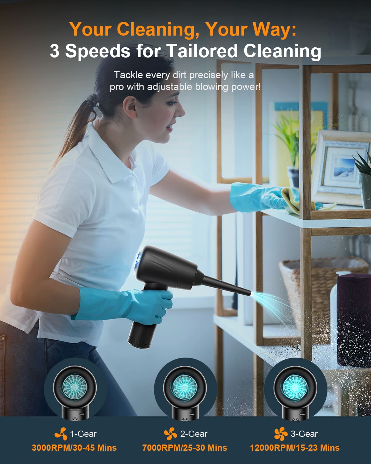 11-in-1 Air Duster, 3-Gear 120000 RPM, LED, Reusable, 9000mAh Cordless, PC/Car