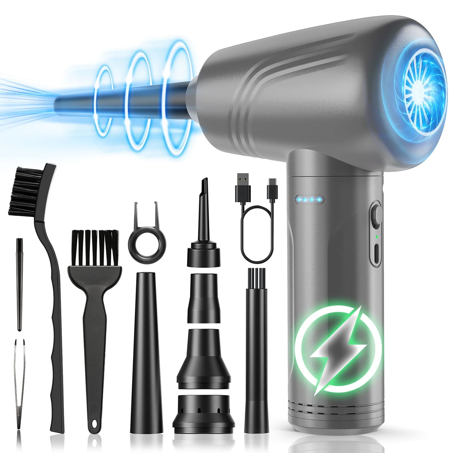 11-in-1 Air Duster, 3-Gear 120000 RPM, LED, Reusable, 9000mAh Cordless, PC/Car