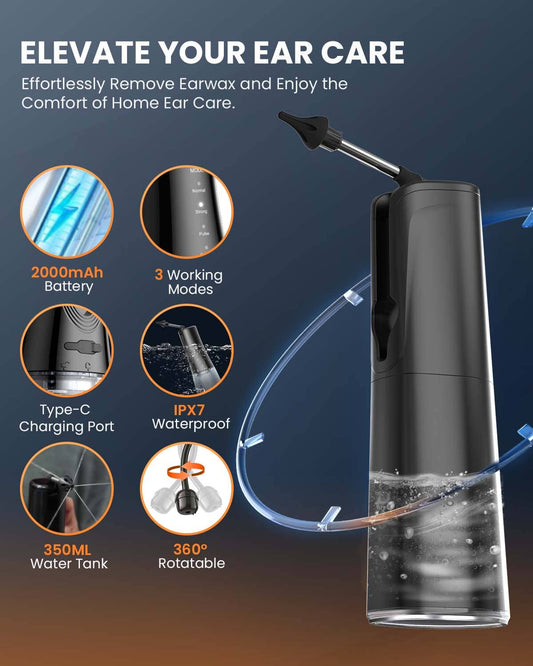 BANKKY Electric Ear Flush Kit, 7 Ear Picks, 16 Eartips, 3 Modes, Water-Powered, for Adults & Kids, Safe, Effective