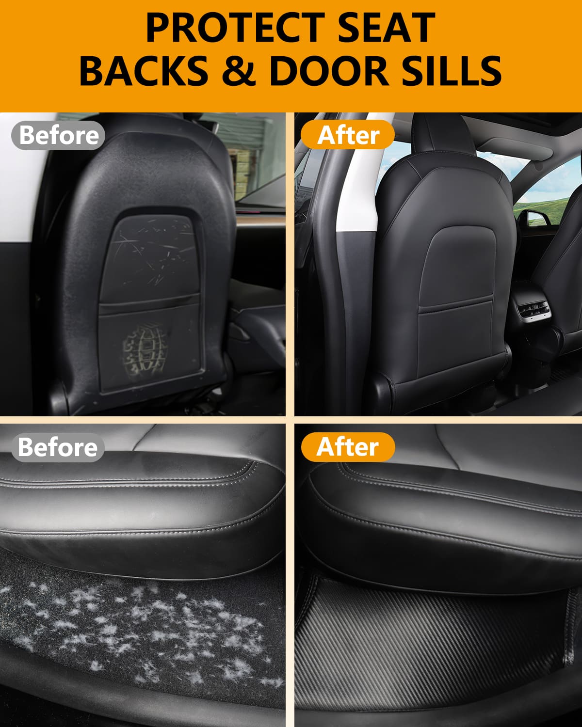 Tesla Model Y Leather Seat Back Protector, Kick Mats w/ Pocket, Waterproof Rear Door Sill, 2 Sets