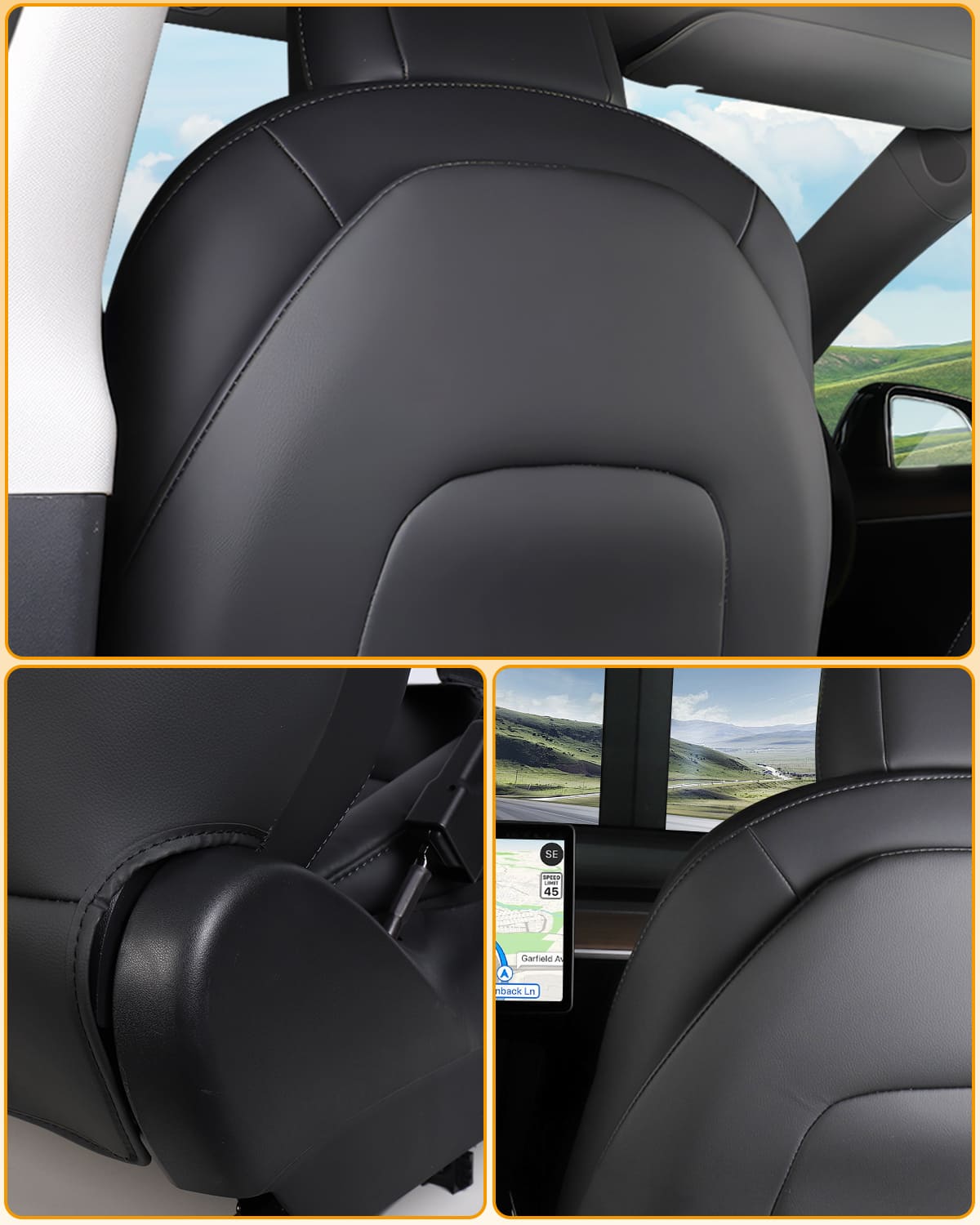 Tesla Model Y Leather Seat Back Protector, Kick Mats w/ Pocket, Waterproof Rear Door Sill, 2 Sets