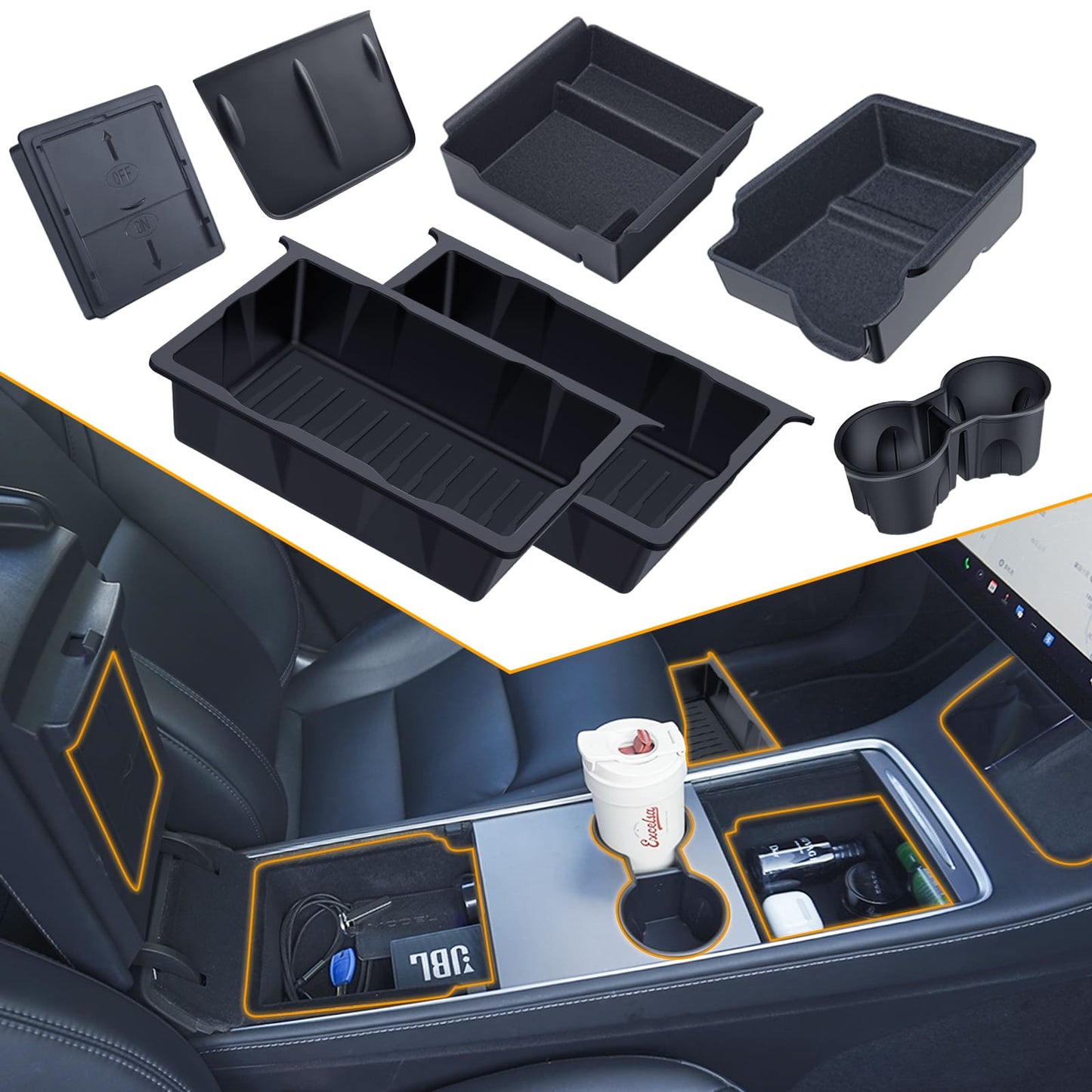 Tesla Model Y 2020-2024 7PCS Console Kit: Armrest, Hidden Box, Cup, Under Seat, Wireless Charger