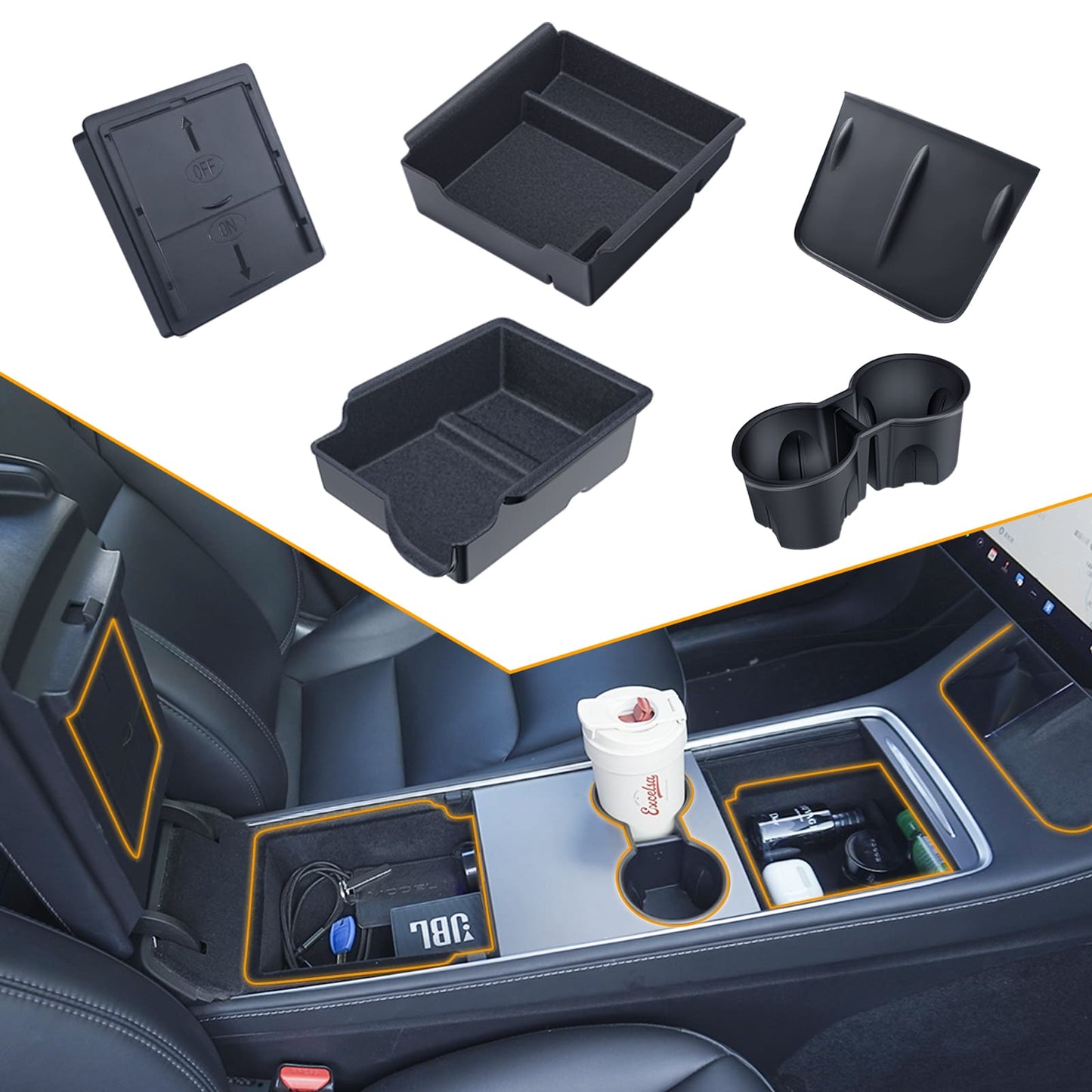 Tesla Model Y 2020-2024 7PCS Console Kit: Armrest, Hidden Box, Cup, Under Seat, Wireless Charger
