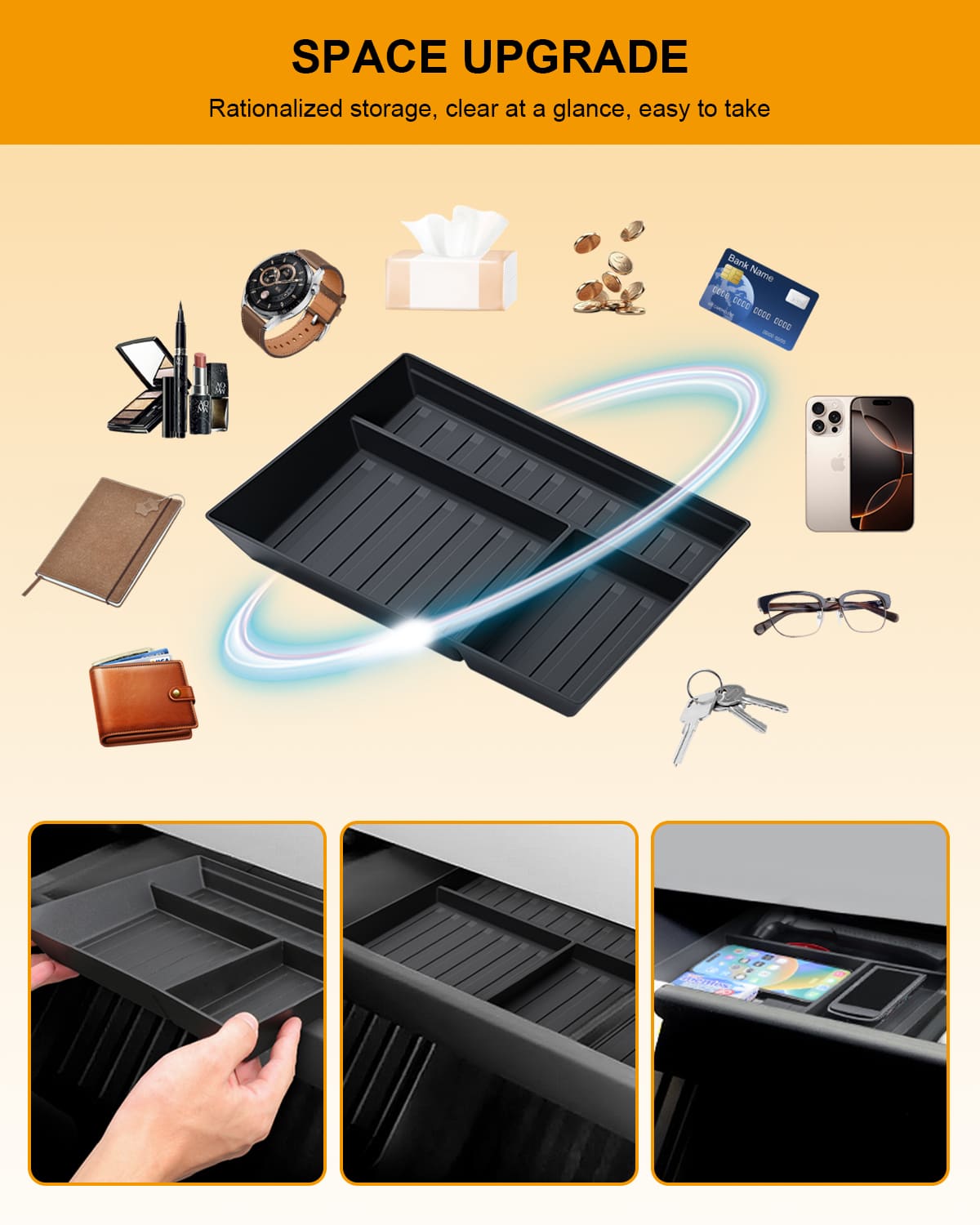 Tesla Cybertruck(2024) Glove Box, Center Console Organizer Tray, Anti-Slip Silicone Pad, TPE Material, Black