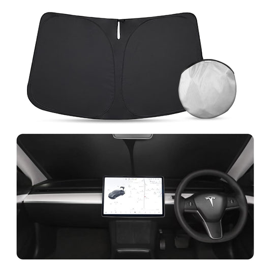 Tesla Model Y/3(2024-2016) Foldable Windshield Sunshade, Storage Bag, UV Block, Summer Accessory