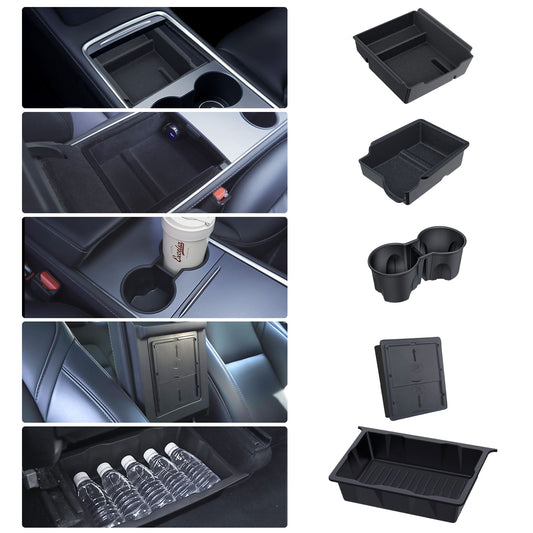 Tesla Model Y 2020-2024 5PCS Console Tray, Armrest/Hidden Storage, Cup Insert, Under Seat Box