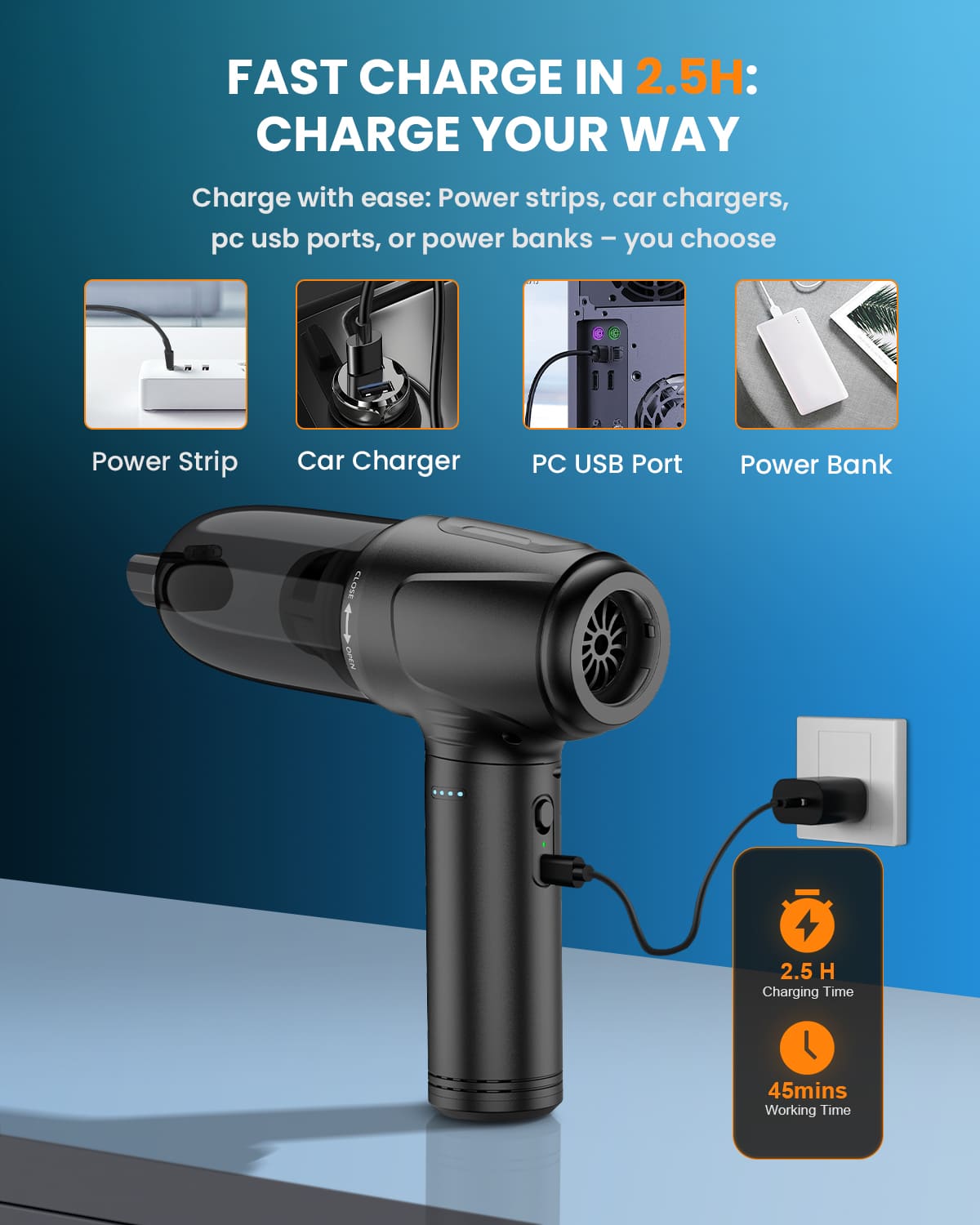 2-in-1 Electric Air Duster, Mini Vacuum, 3-Gear 120000 RPM, Reusable Keyboard Cleaner, 9000mAh, LED Light